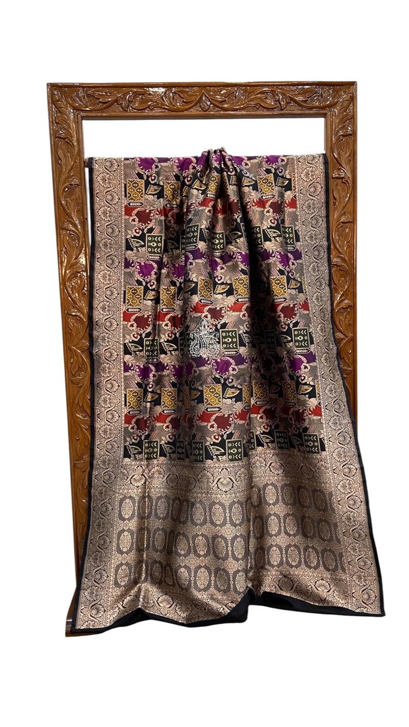 Multicolor Pure Katan Silk Banarasi Handloom Saree - All over Jaal Work With Rangkart