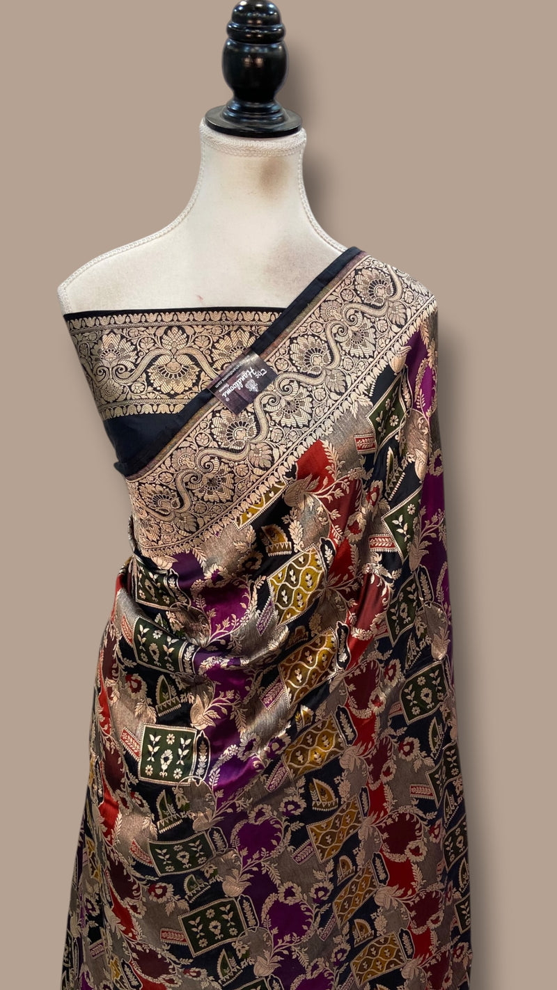 Multicolor Pure Katan Silk Banarasi Handloom Saree - All over Jaal Work With Rangkart