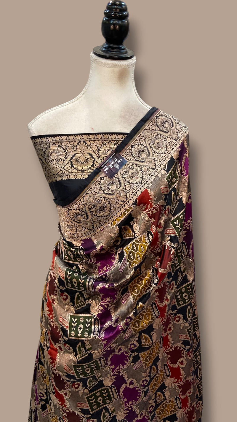 Multicolor Pure Katan Silk Banarasi Handloom Saree - All over Jaal Work With Rangkart
