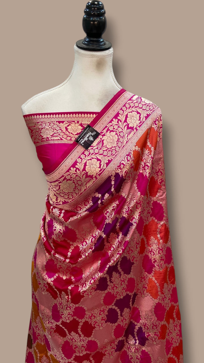 Multicolor Pure Katan Silk Banarasi Handloom Saree - All over Jaal Work With Rangkart
