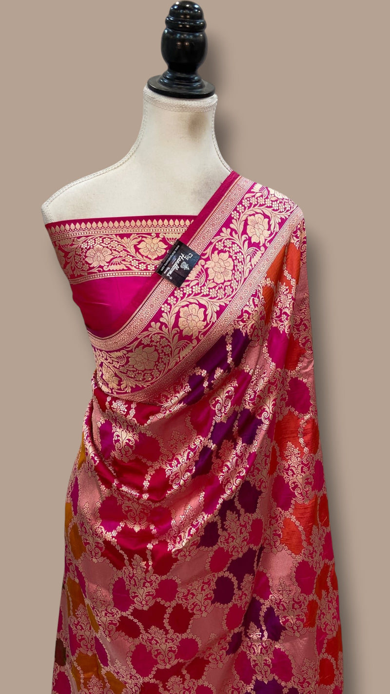 Multicolor Pure Katan Silk Banarasi Handloom Saree - All over Jaal Work With Rangkart