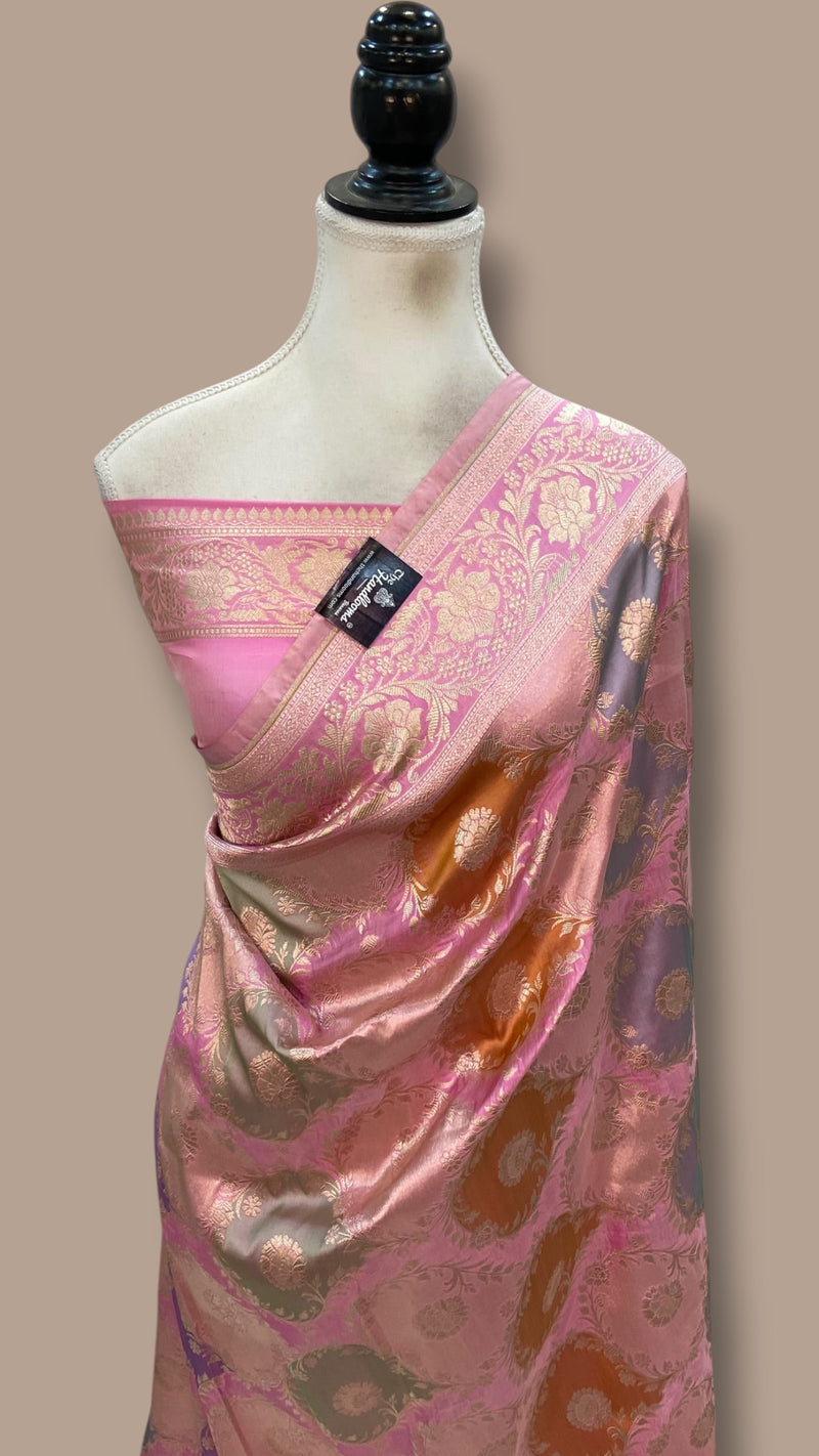 Multicolor Pure Katan Silk Banarasi Handloom Saree - All over Jaal Work With Rangkart