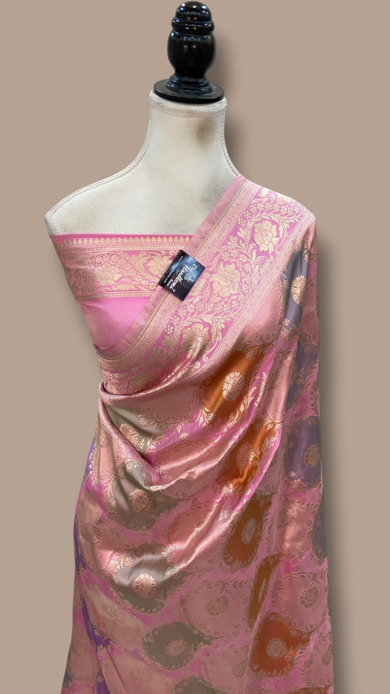 Multicolor Pure Katan Silk Banarasi Handloom Saree - All over Jaal Work With Rangkart