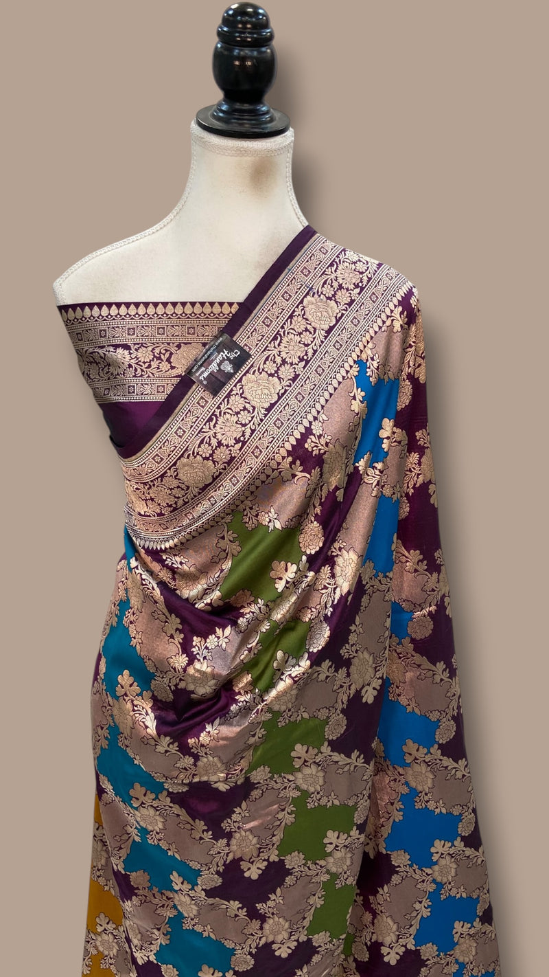 Multicolor Pure Katan Silk Banarasi Handloom Saree - All over Jaal Work With Rangkart