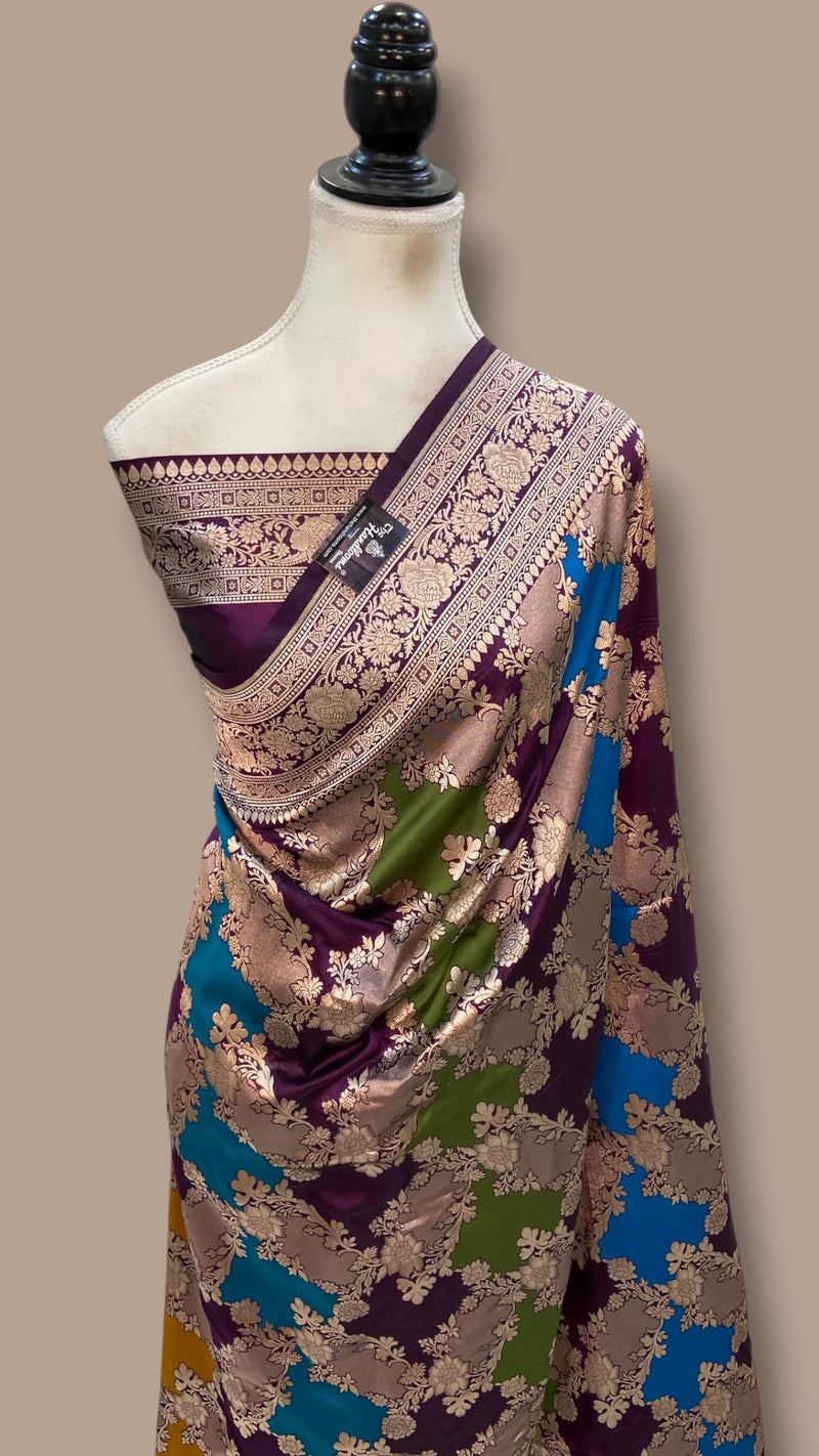 Multicolor Pure Katan Silk Banarasi Handloom Saree - All over Jaal Work With Rangkart