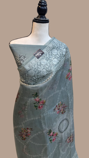 Pure Organza Digital Print with Chikankari Handloom Banarasi Saree - The Handlooms