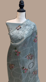 Pure Organza Digital Print with Chikankari Handloom Banarasi Saree - The Handlooms