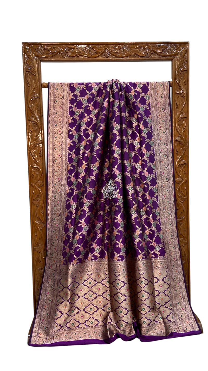 Pure Katan Silk Banarasi Handloom Saree - All Over Jaal Work With Meenakari