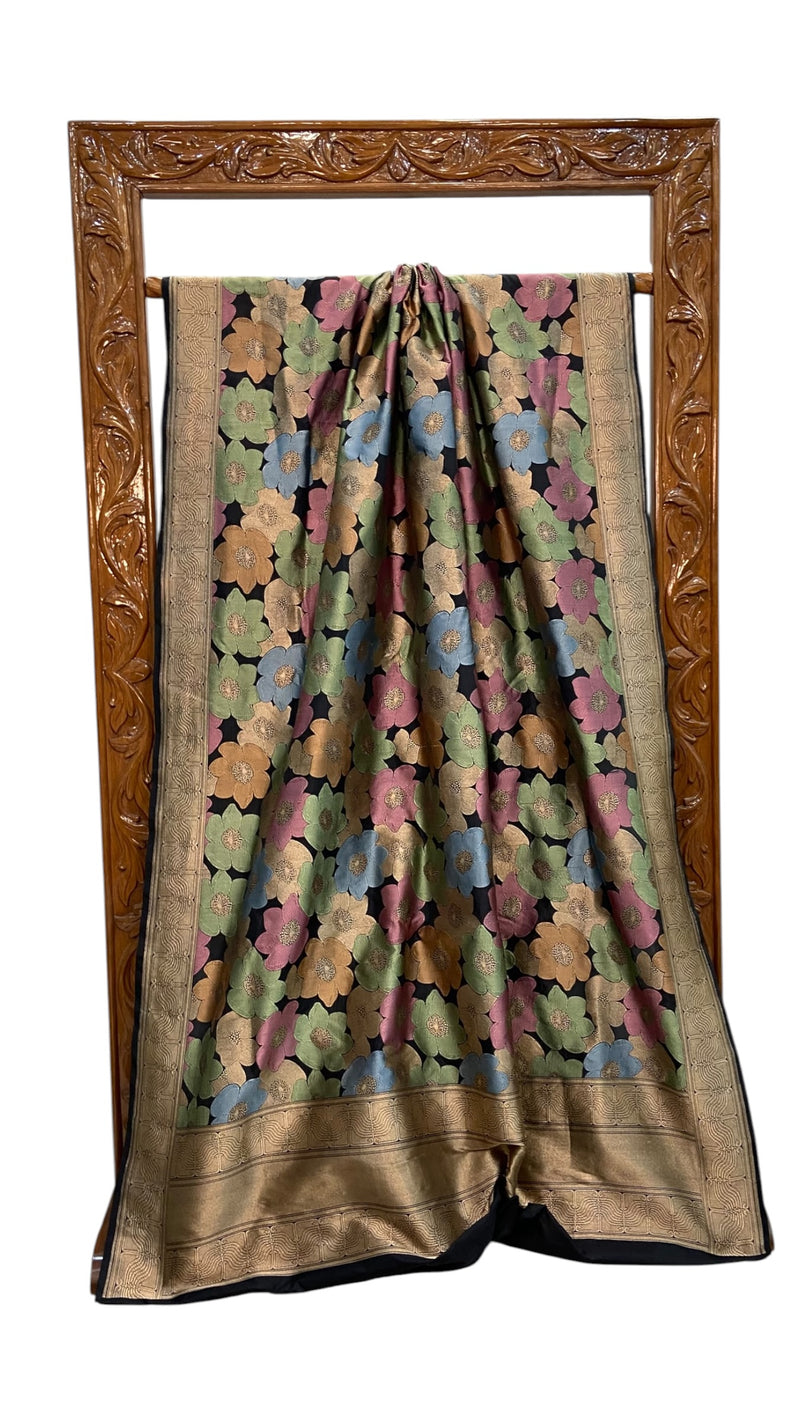 Nita Ambani in Pure Katan Silk Banarasi Handloom Saree - All over Floral Motifs With Meenakari