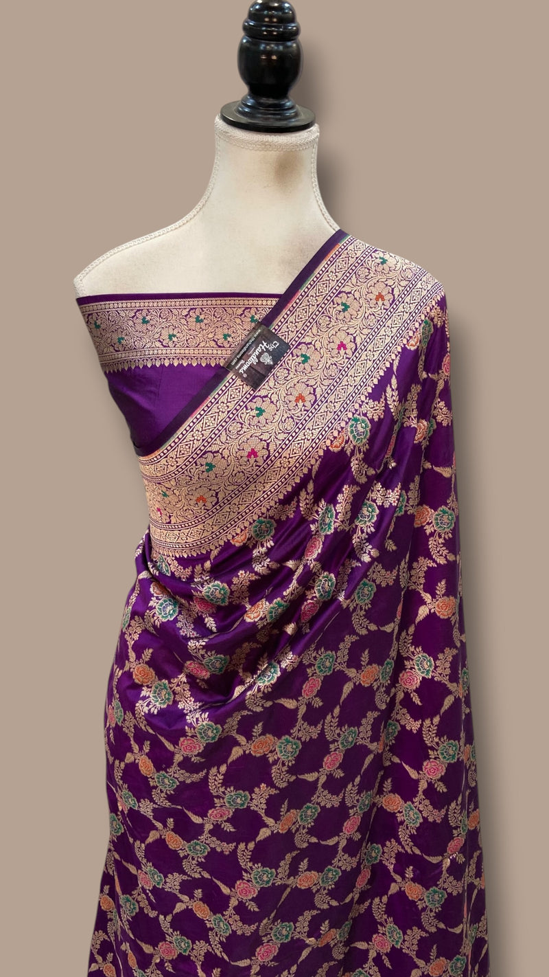 Pure Katan Silk Banarasi Handloom Saree - All Over Jaal Work With Meenakari