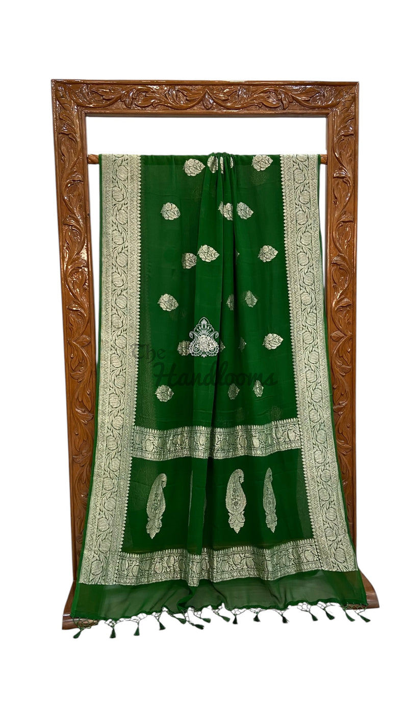Pure Georgette Handloom Banarasi Saree - All Over Kadua Boota Silver Zari - The Handlooms