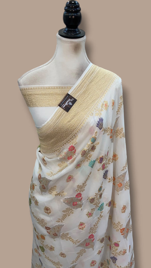 White Pure Khaddi Georgette Handloom Banarasi Saree - All Over Jaal Work With Meenakari - The Handlooms