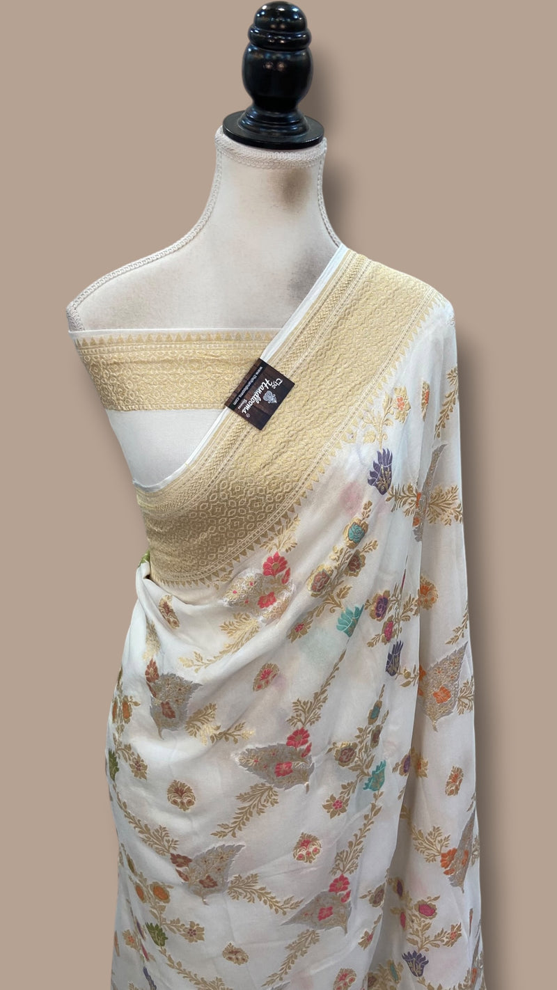 White Pure Khaddi Georgette Handloom Banarasi Saree - All Over Jaal Work With Meenakari - The Handlooms