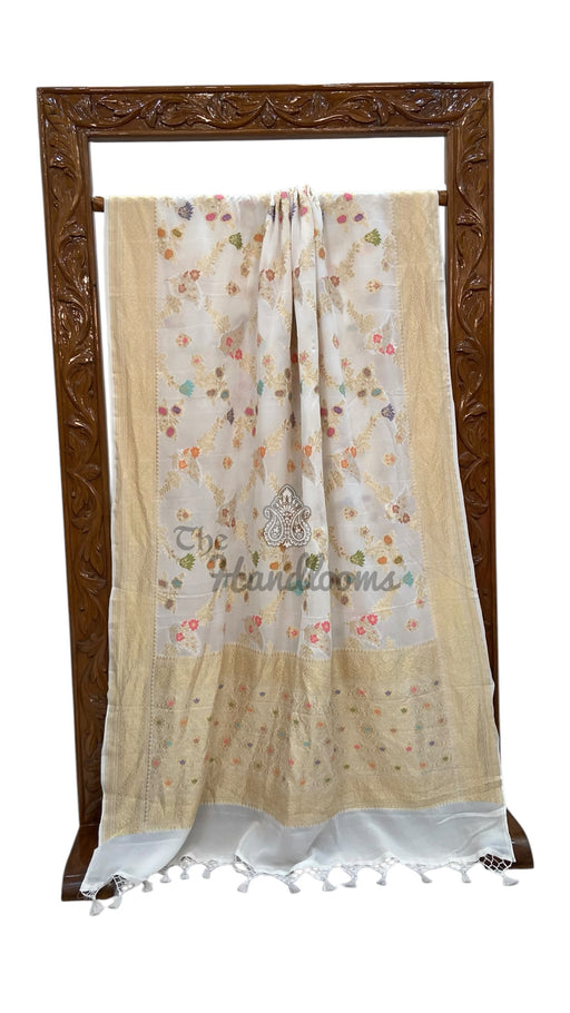 White Pure Khaddi Georgette Handloom Banarasi Saree - All Over Jaal Work With Meenakari - The Handlooms