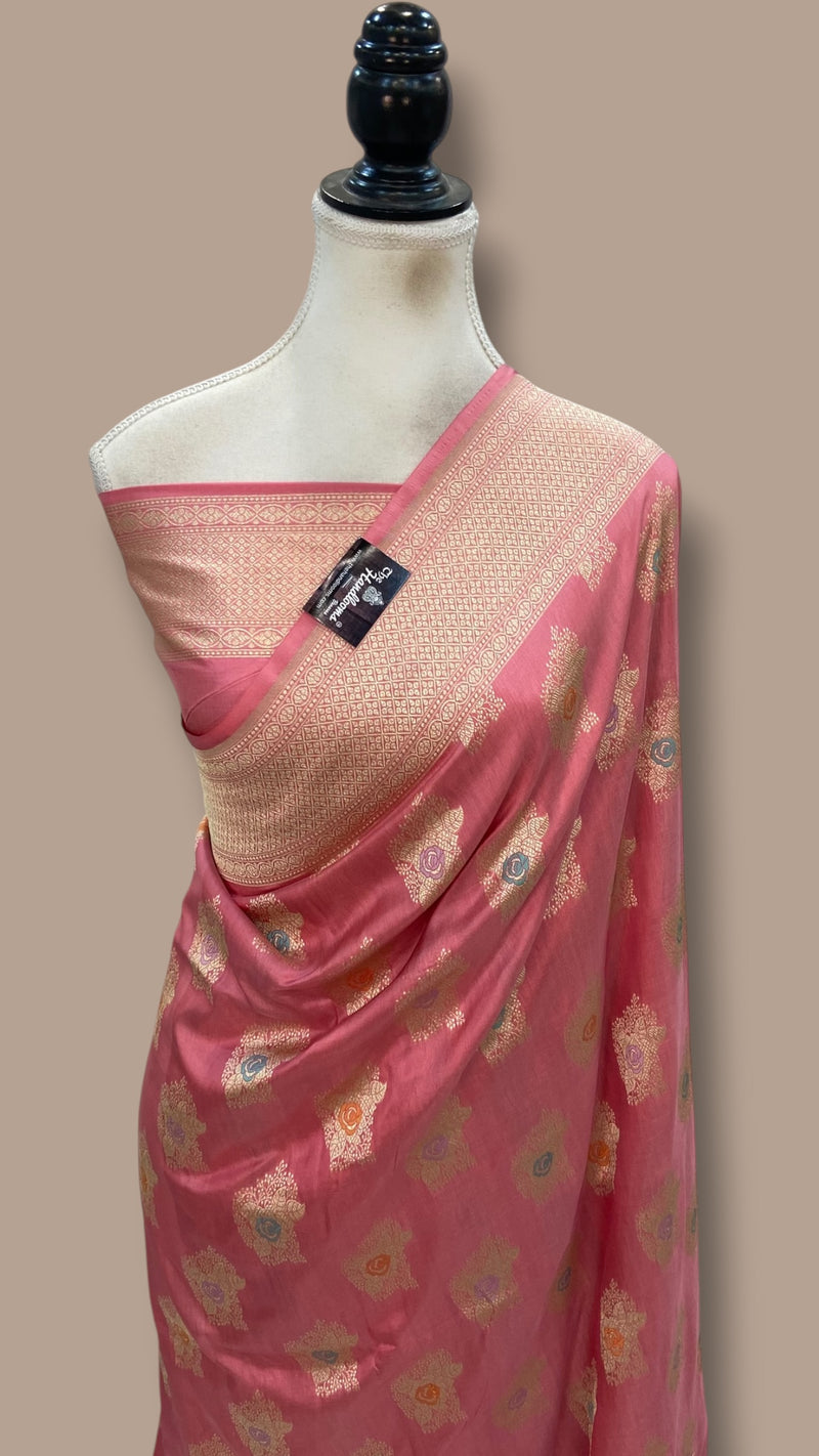 Pure Katan Silk Banarasi Handloom Saree - All Over Jaal Work With Meenakari