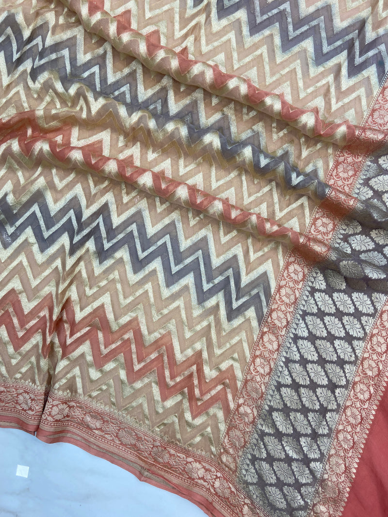 Pure Khaddi Georgette Dupatta - water zari - The Handlooms