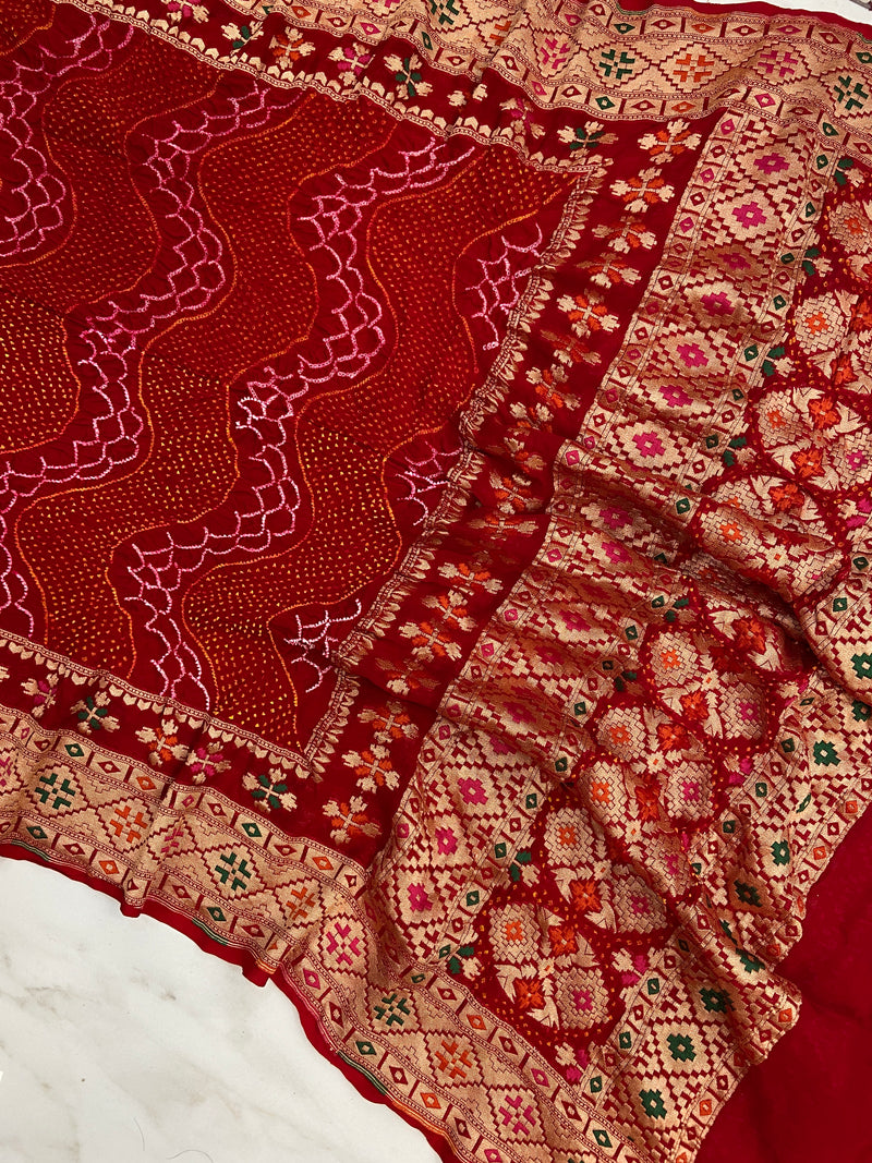 Pure Georgette Banarasi Bandhej Handloom Dupatta - The Handlooms