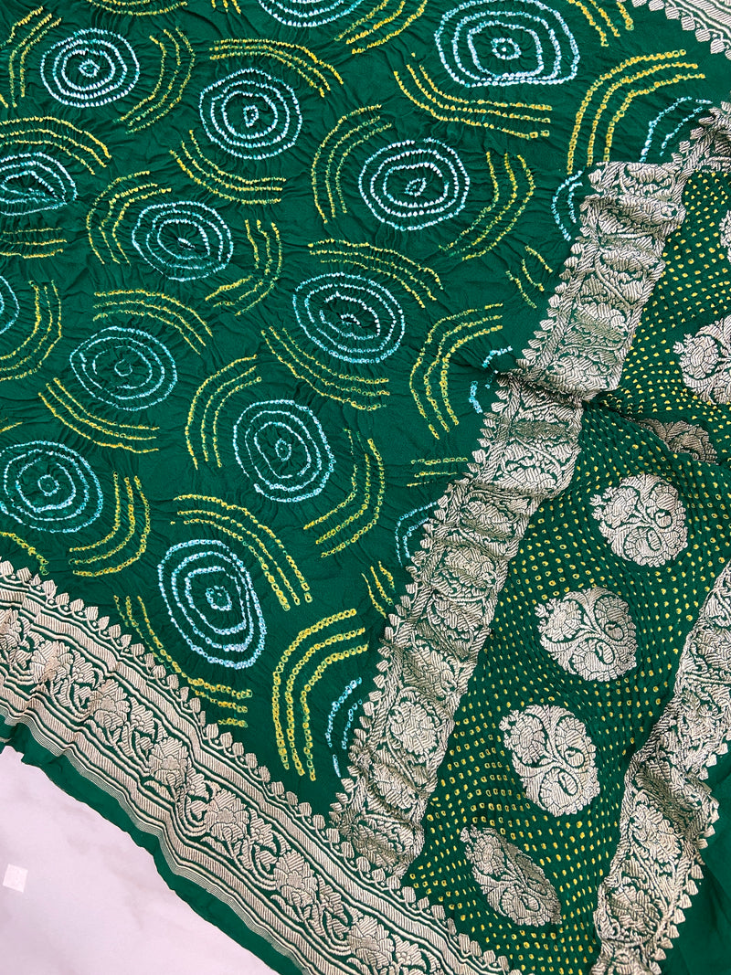 Pure Georgette Banarasi Bandhej Handloom Dupatta - Water Zari - The Handlooms