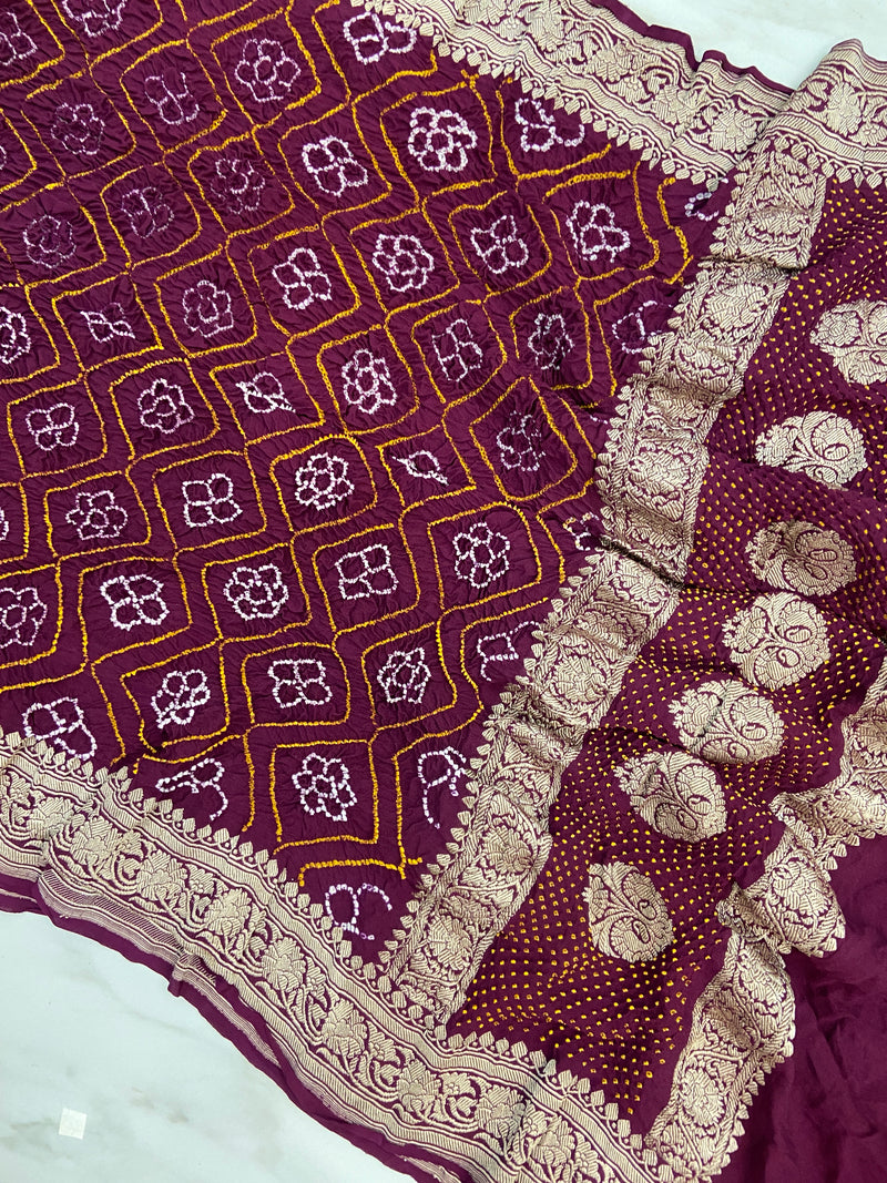 Pure Georgette Banarasi Bandhej Handloom Dupatta - Water Zari - The Handlooms