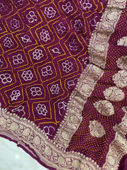 Pure Georgette Banarasi Bandhej Handloom Dupatta - Water Zari - The Handlooms