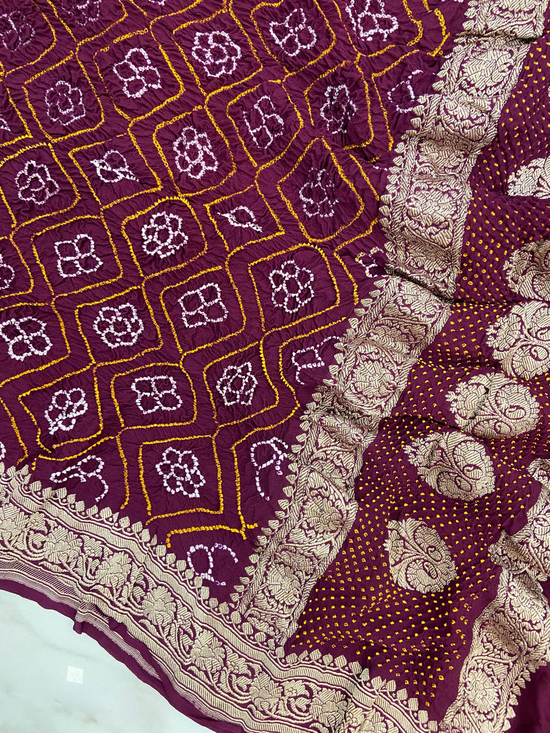 Pure Georgette Banarasi Bandhej Handloom Dupatta - Water Zari - The Handlooms