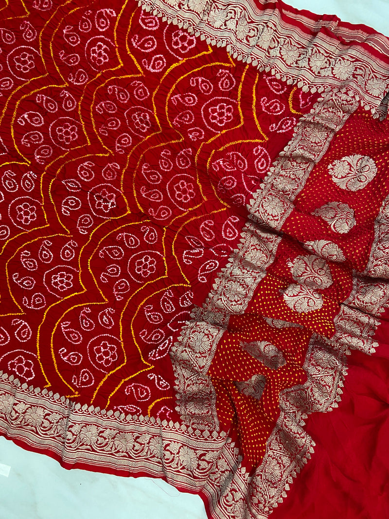 Pure Georgette Banarasi Bandhej Handloom Dupatta - Water Zari - The Handlooms
