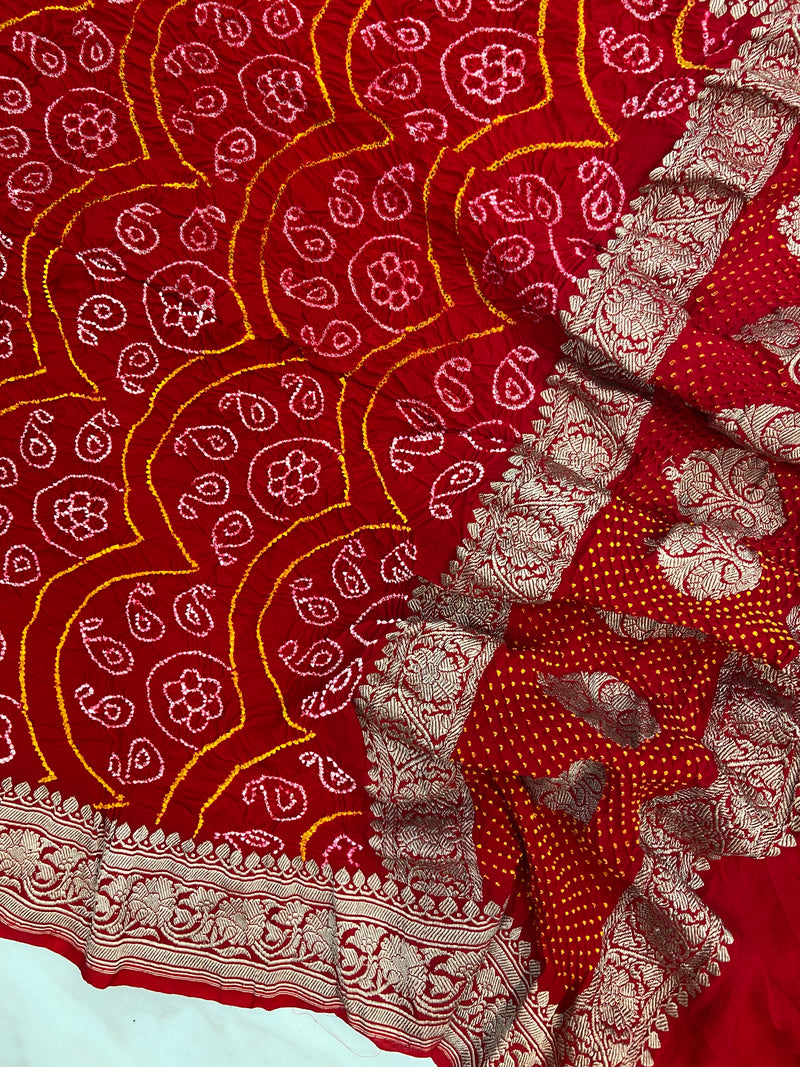 Pure Georgette Banarasi Bandhej Handloom Dupatta - Water Zari - The Handlooms