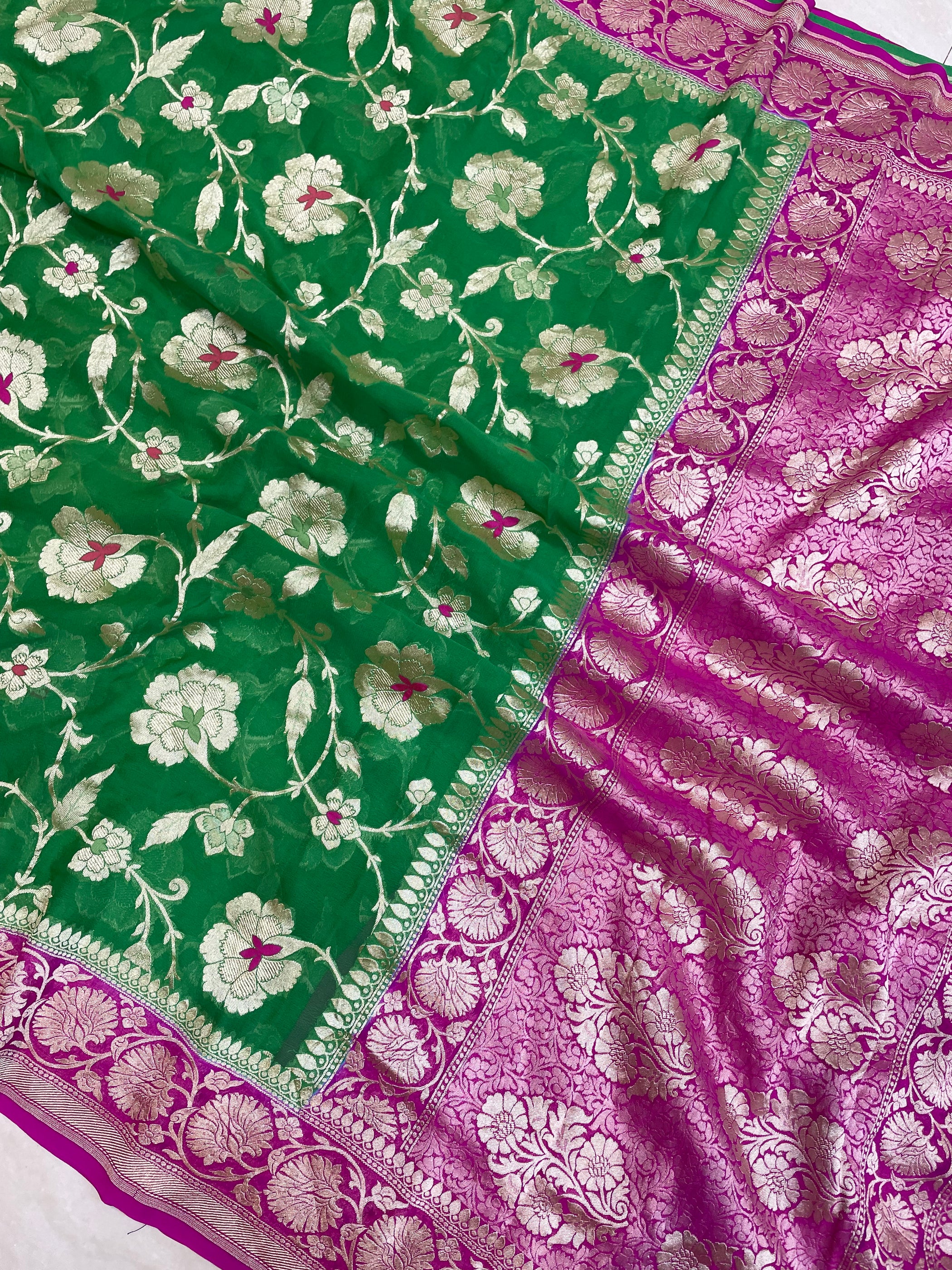 Green Pure Khaddi Georgette Handloom Banarasi Saree - All over Jaal Wo ...