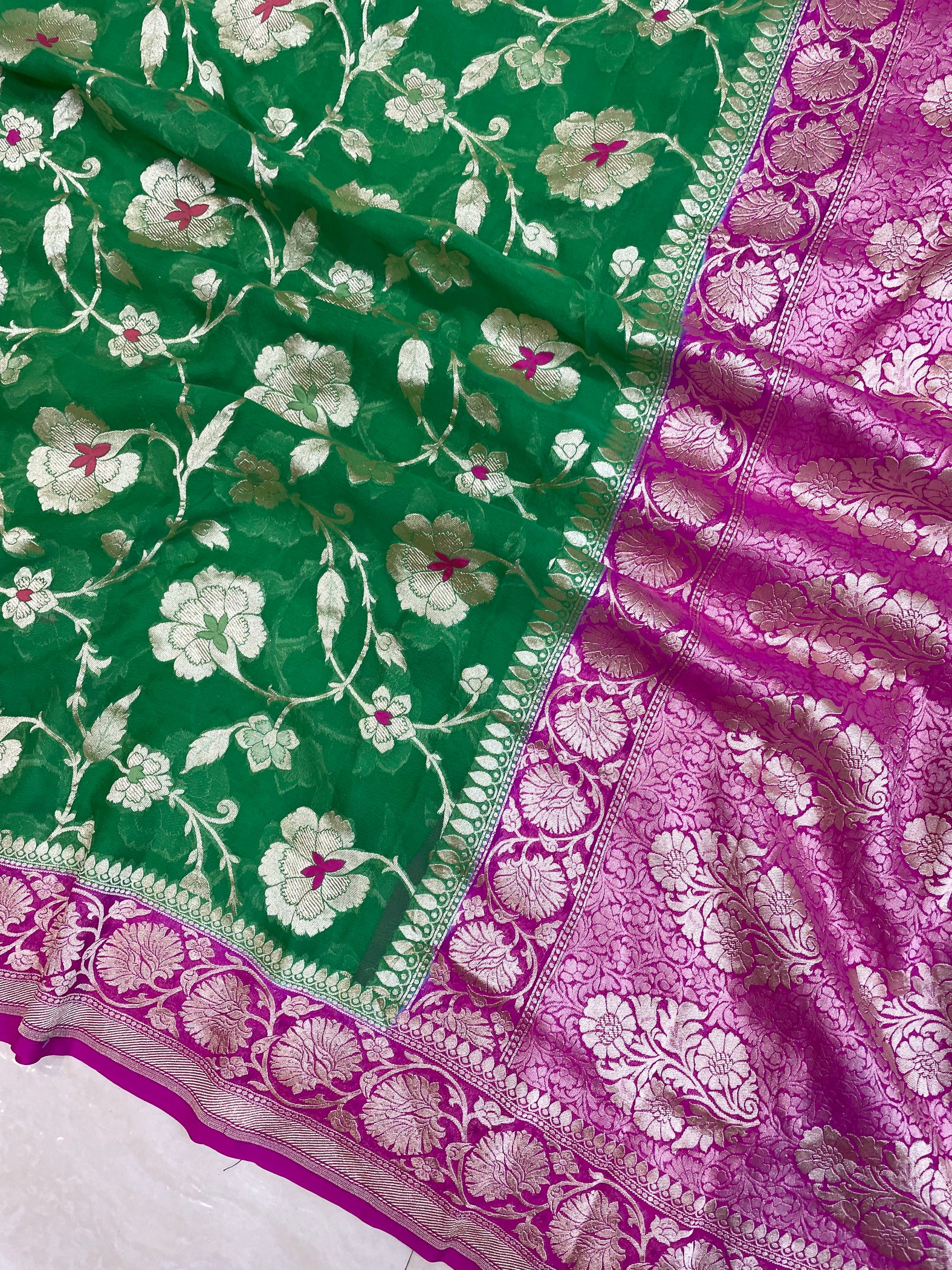 Green Pure Khaddi Georgette Handloom Banarasi Saree - All over Jaal Wo ...