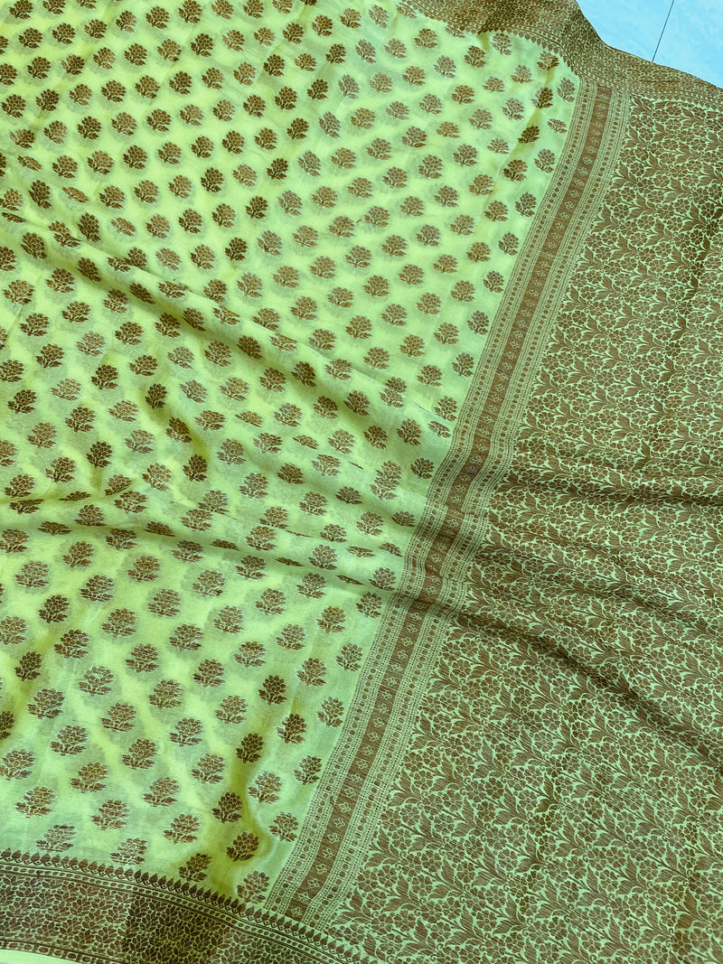 Lime Green Pure Chiffon Khaddi Banarasi Saree - The Handlooms