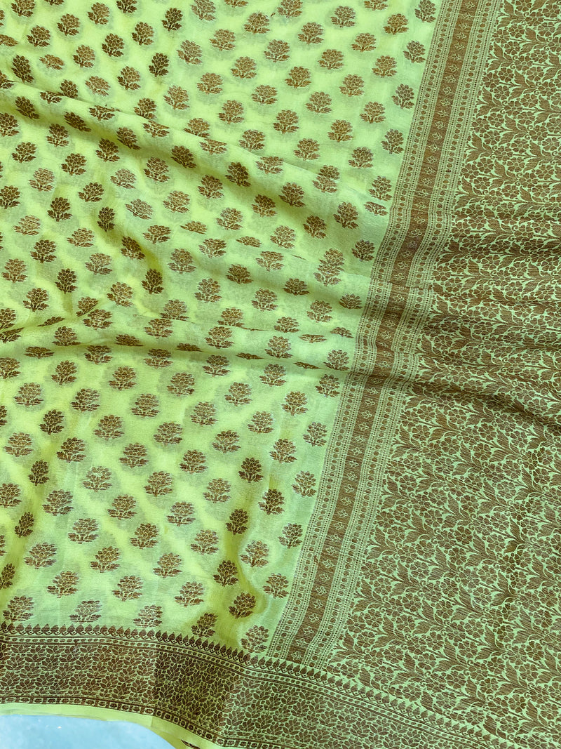 Lime Green Pure Chiffon Khaddi Banarasi Saree - The Handlooms