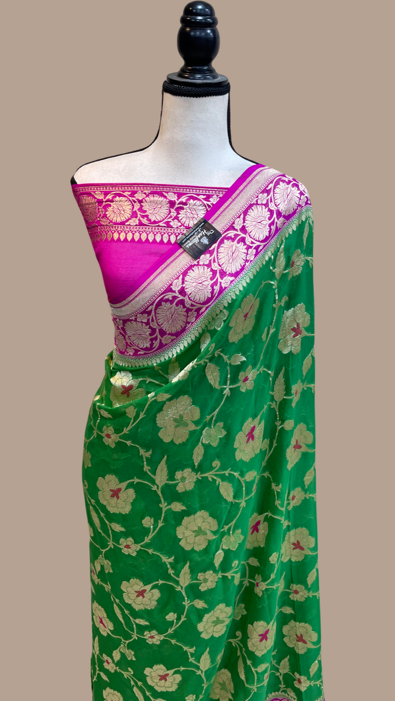 Green Pure Khaddi Georgette Handloom Banarasi Saree - All over Jaal Wo ...