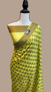 Lime Green Pure Chiffon Khaddi Banarasi Saree - The Handlooms