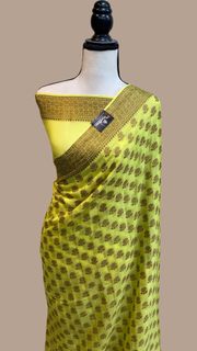 Lime Green Pure Chiffon Khaddi Banarasi Saree - The Handlooms