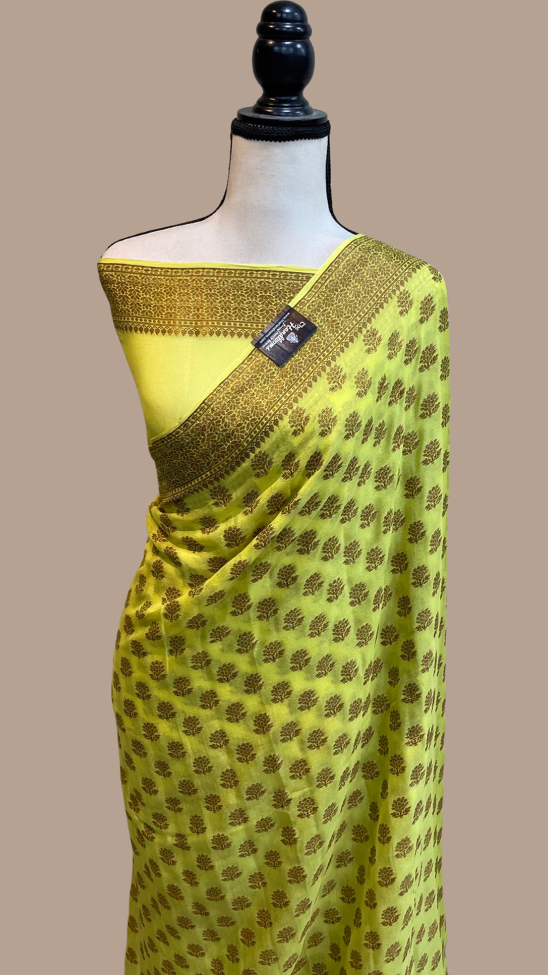 Lime Green Pure Chiffon Khaddi Banarasi Saree - The Handlooms