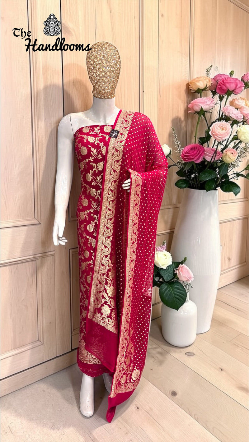 Pure Khaddi Georgette Handloom Banarasi Dress Material Water Zari - The Handlooms
