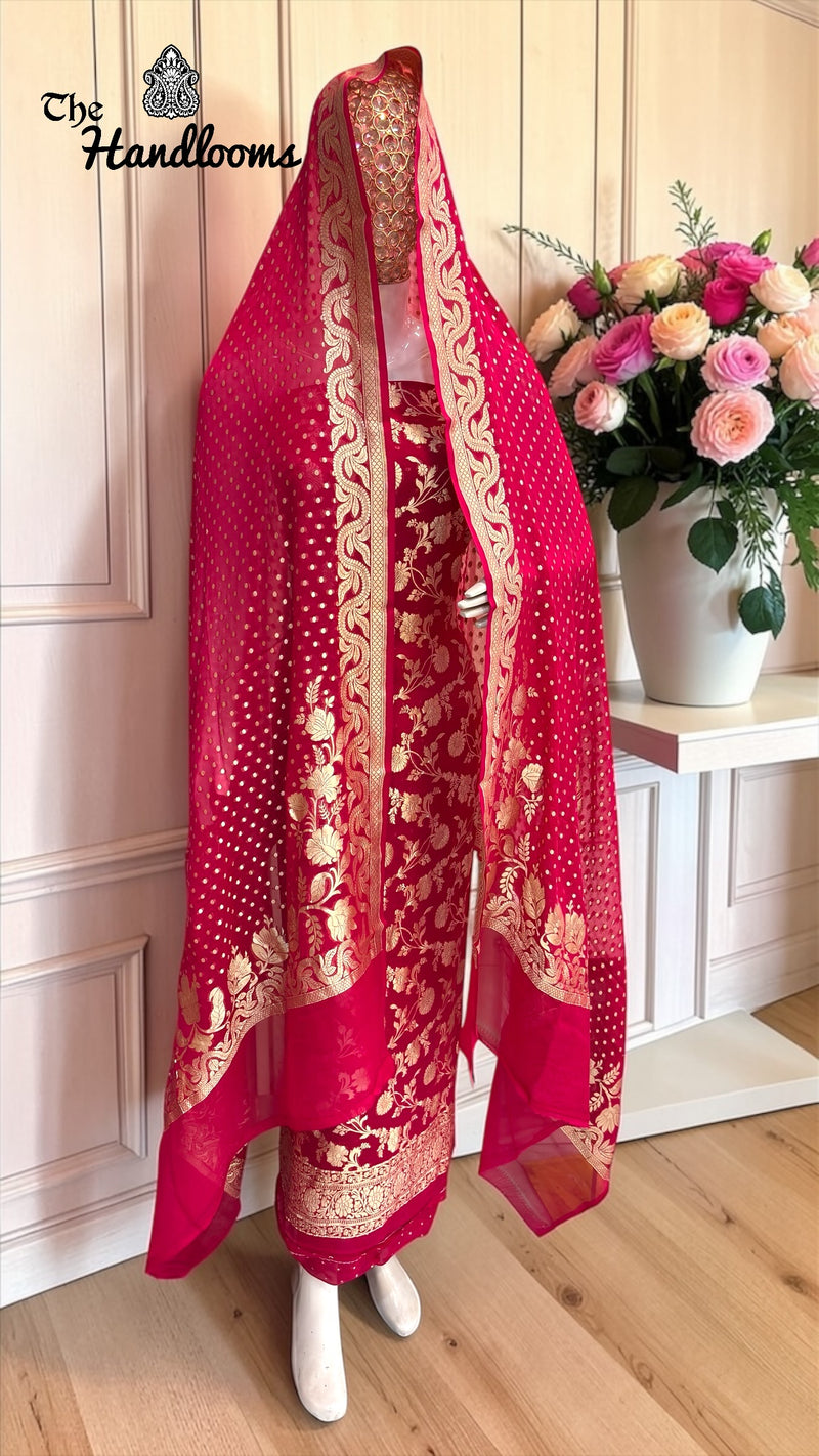 Pure Khaddi Georgette Handloom Banarasi Dress Material Water Zari - The Handlooms