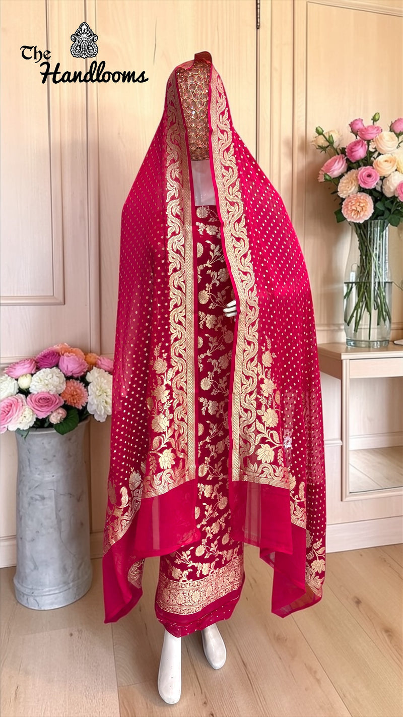 Pure Khaddi Georgette Handloom Banarasi Dress Material Water Zari - The Handlooms
