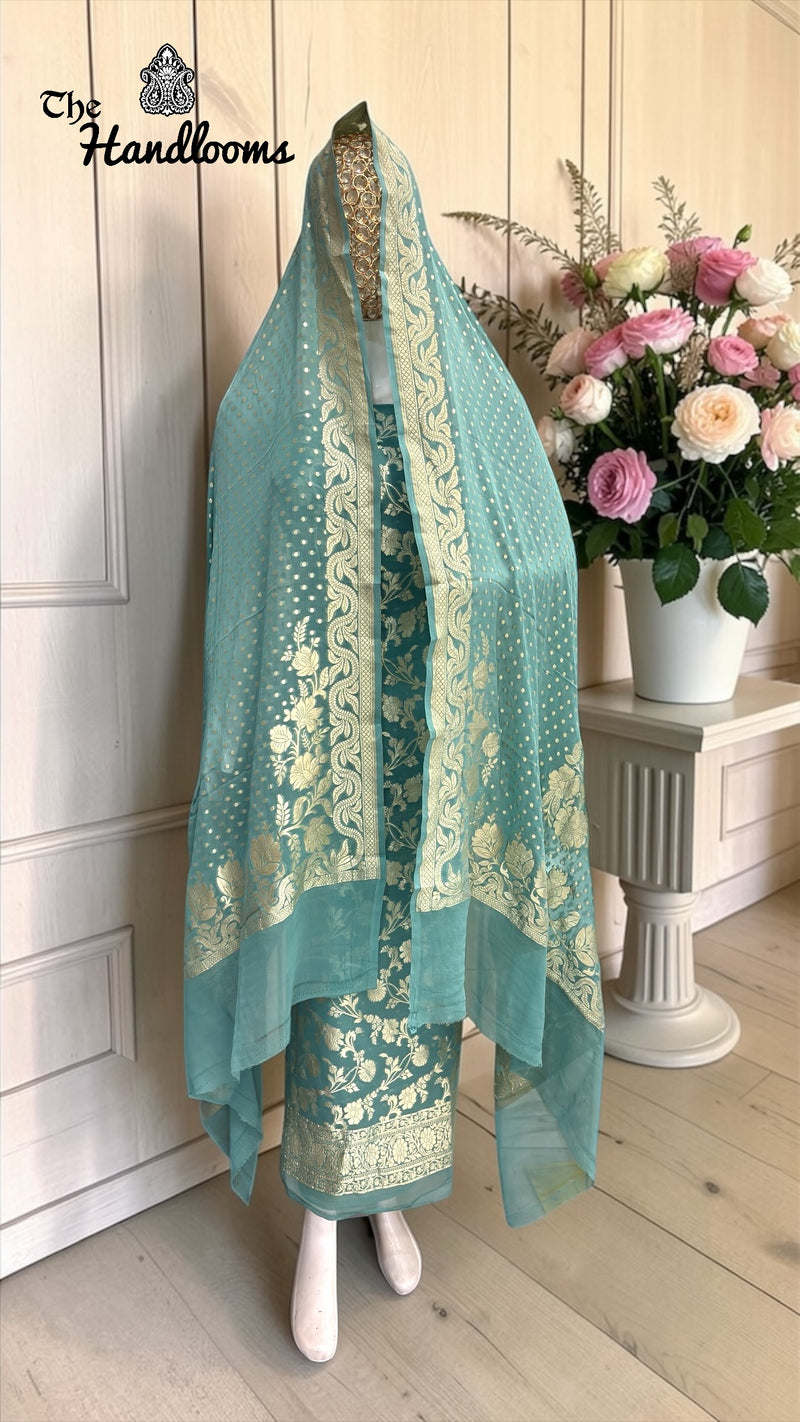 Pure Khaddi Georgette Handloom Banarasi Dress Material Water Zari - The Handlooms