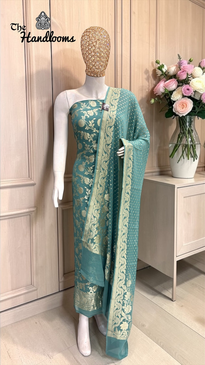 Pure Khaddi Georgette Handloom Banarasi Dress Material Water Zari - The Handlooms