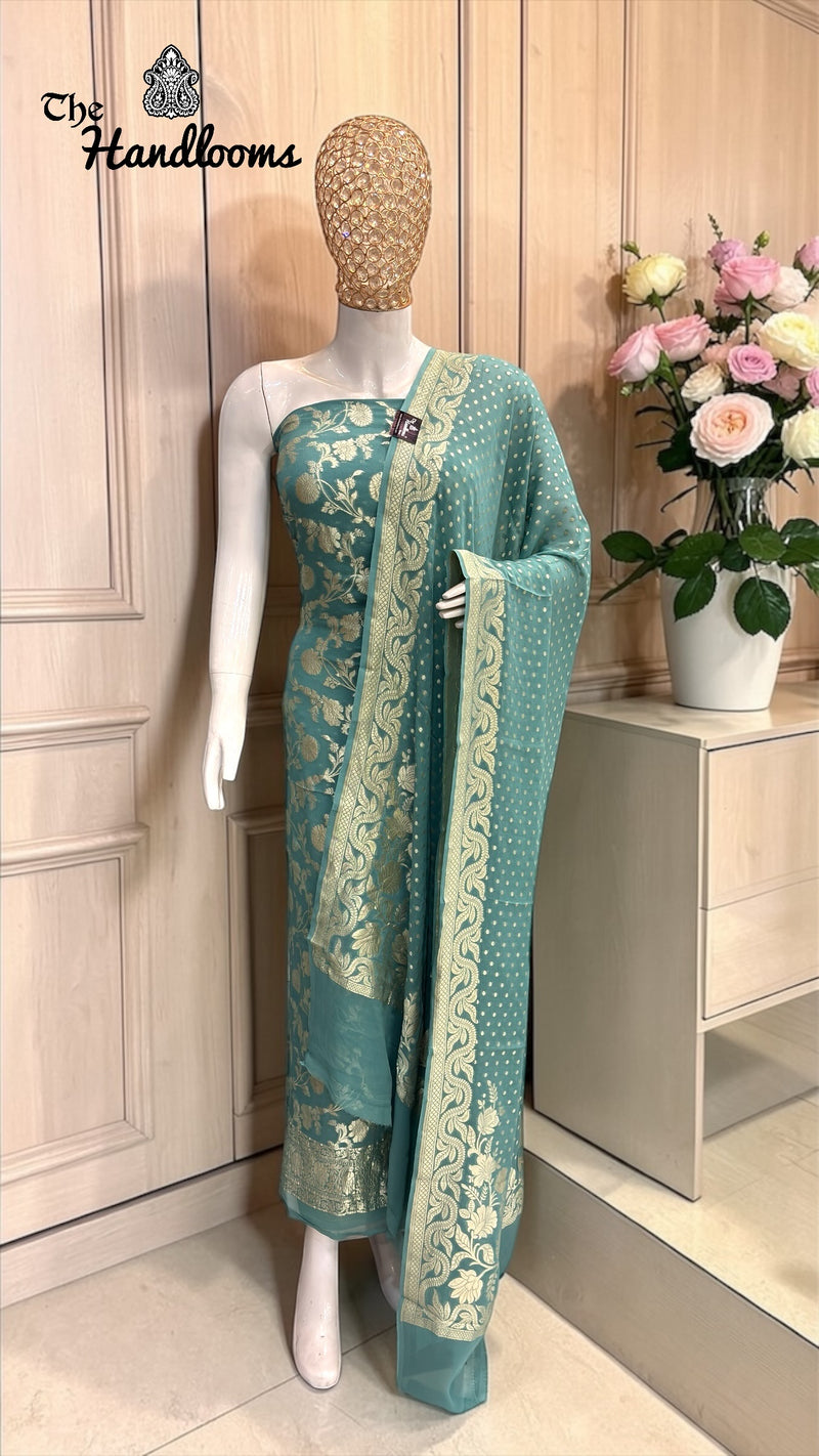 Pure Khaddi Georgette Handloom Banarasi Dress Material Water Zari - The Handlooms