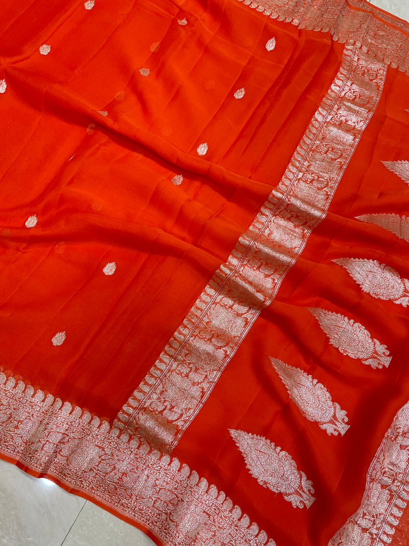 Orange Pure Georgette Banarasi Handloom Saree - The Handlooms