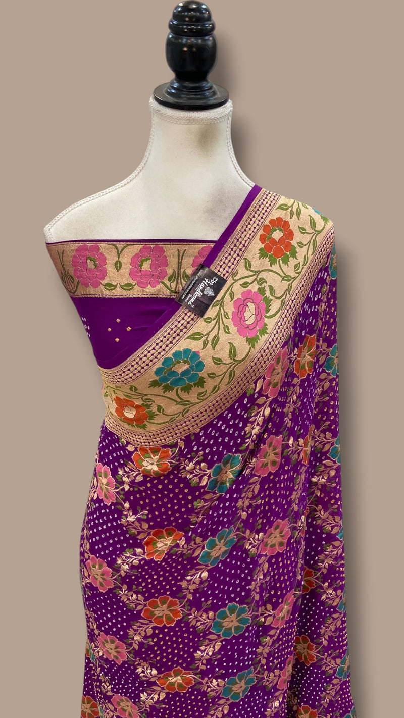 Pure Georgette Banarasi Bandhej Handloom Saree - Meenakari