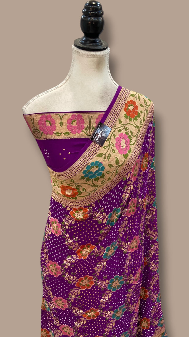 Pure Georgette Banarasi Bandhej Handloom Saree - Meenakari