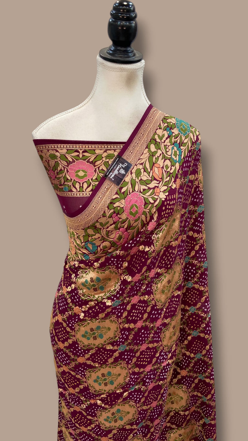 Pure Georgette Banarasi Bandhej Handloom Saree - Meenakari