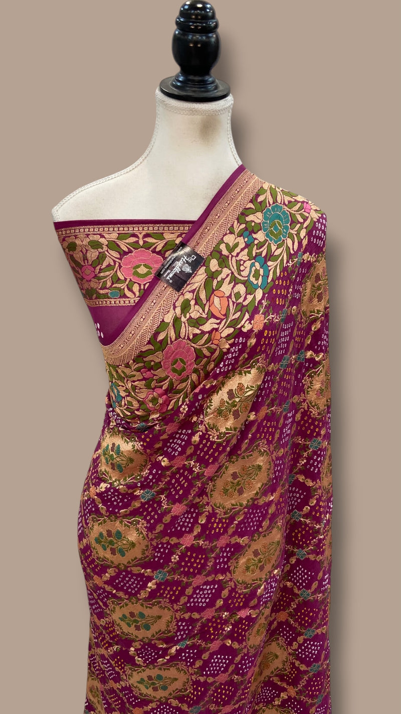 Pure Georgette Banarasi Bandhej Handloom Saree - Meenakari