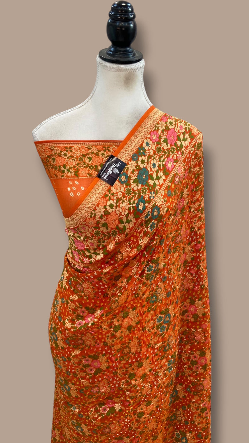 Pure Georgette Banarasi Bandhej Handloom Saree - Meenakari