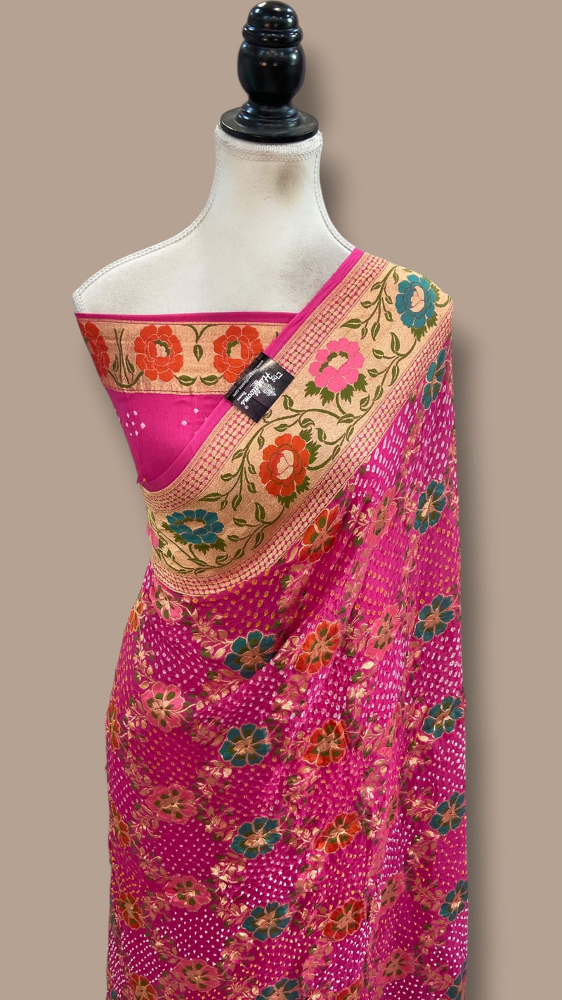 Pure Georgette Banarasi Bandhej Handloom Saree - Meenakari