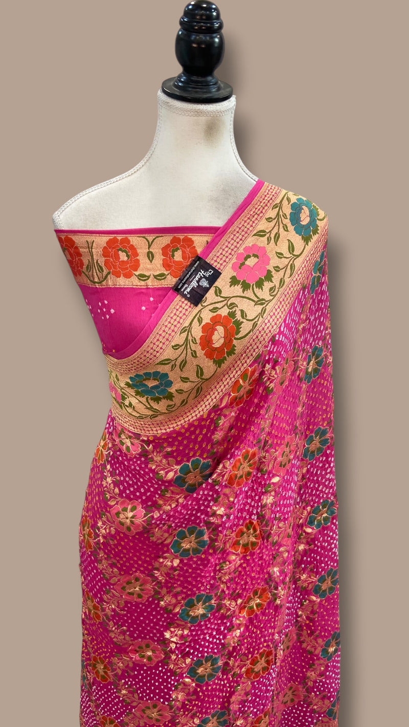 Pure Georgette Banarasi Bandhej Handloom Saree - Meenakari