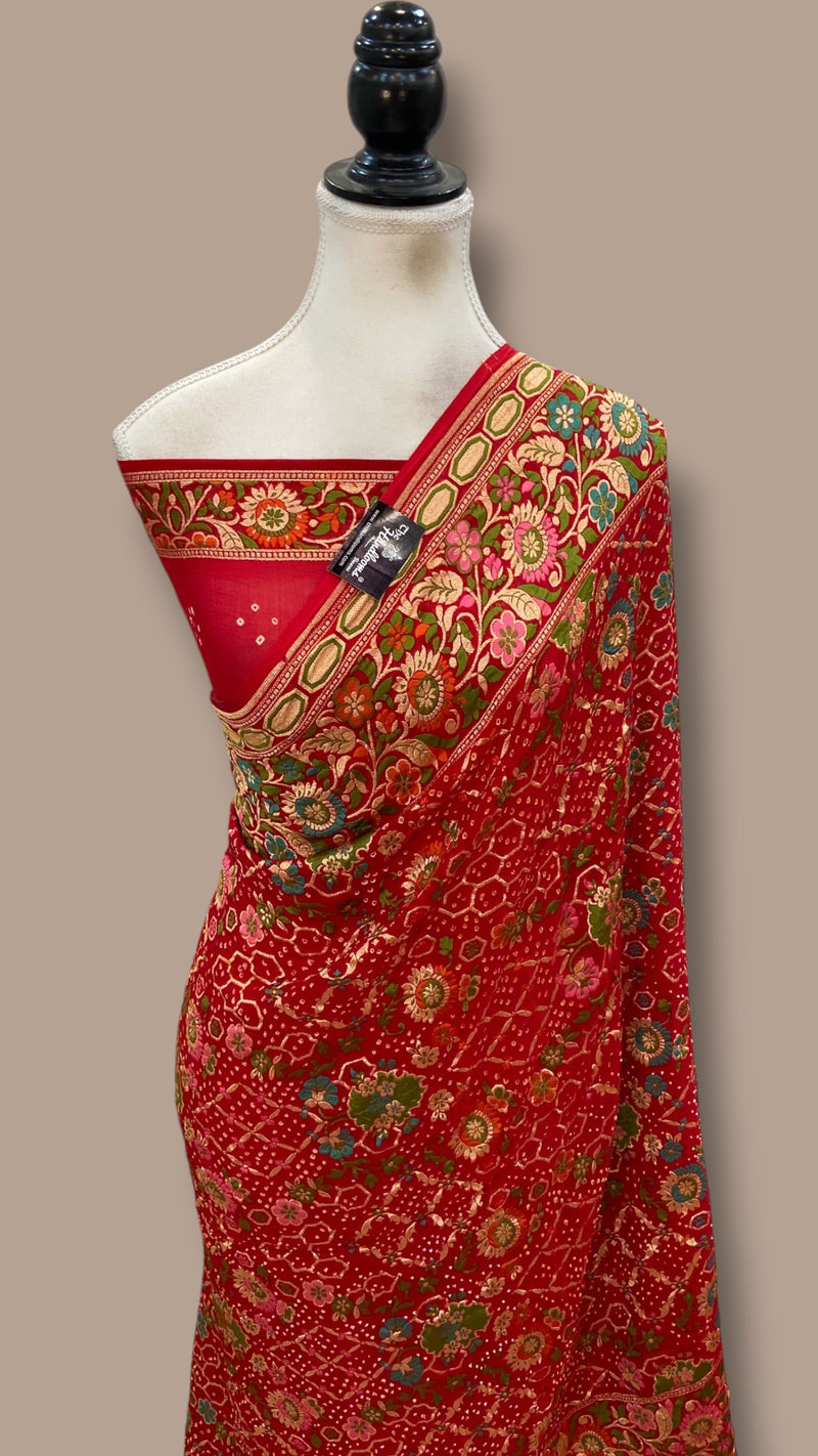 Pure Georgette Banarasi Bandhej Handloom Saree - Meenakari